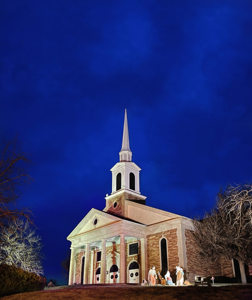 Nightime view of Boys Ranch chapel at boys Ranch